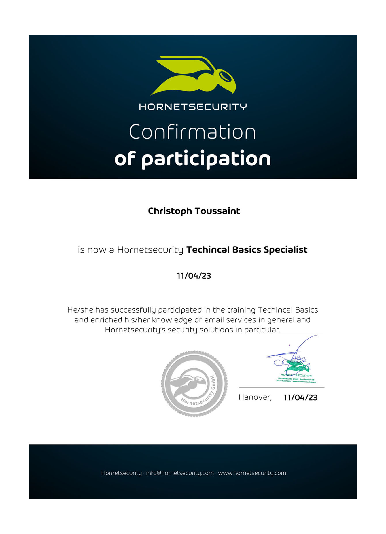 BG_Christoph Toussaint - Hornetsecurity Techincal Basics Specialist