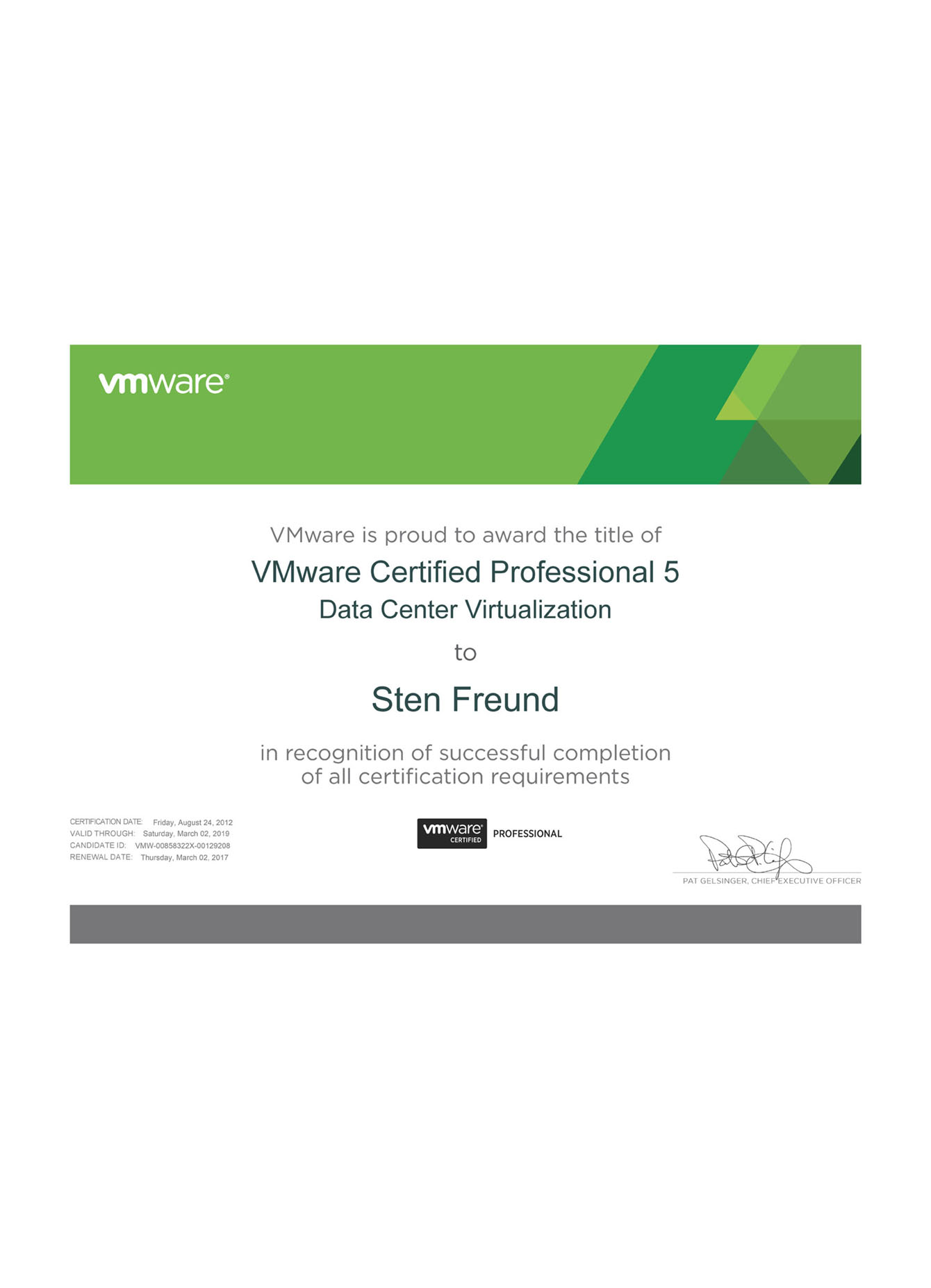 BG_Sten Freund - VMware Certified Professional 5 - Data Center Virtualization certificate
